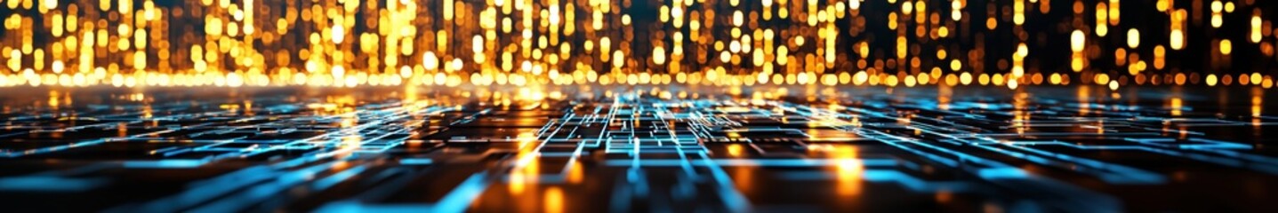 Futuristic Digital Landscape with Glowing Lights and Circuit Patterns in a Modern Technology Environment