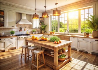 Hampton Style Kitchen Island: Wooden Countertop, Farmhouse Decor, Food Photography