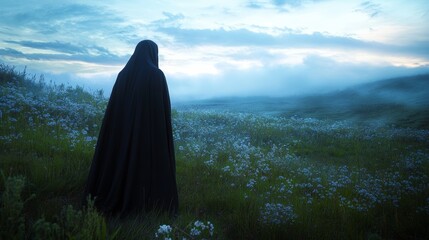 A Cloaked Figure in an Ethereal Twilight Meadow Surrounded by Flowers