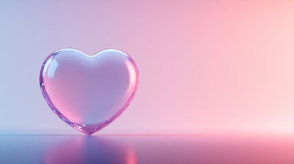 Transparent glass heart on pastel gradient background reflecting light