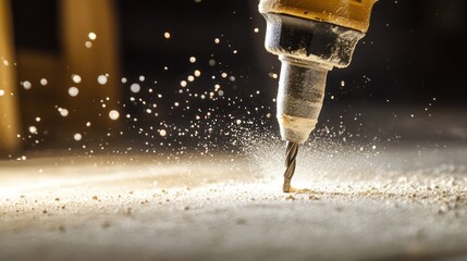 A close-up of a screwdriver drilling into drywall, with fine dust particles floating in the air. 
