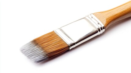 Fototapeta premium Flat paintbrush, wooden handle, white background, art supplies