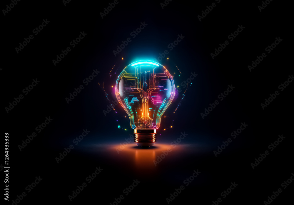 Aufkleber a vibrant light bulb radiates against a dark backdrop, filled with abstract, glowing patterns in a s