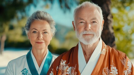 Senior business partners or retirees practicing yoga together in perfect harmony and balance in a tranquil outdoor garden setting embodying a healthy peaceful and fulfilling lifestyle