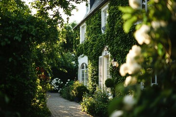 Charming cottage, facade covered with lush greenery. Landscaping design in the garden