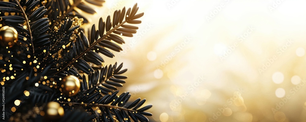 Poster Glittering Golden Christmas Tree Decorations with Festive Lights and Soft Bokeh Background