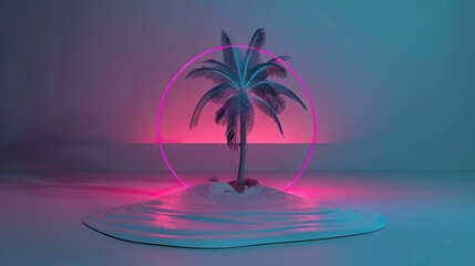 Naklejka premium Neon lights forming a circle, a palm tree in front of it, a sea view