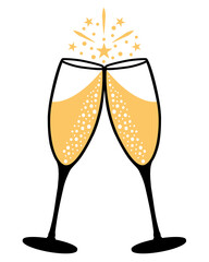 Gold and black Champagne toast. Hand drawn illustration icon for celebration.