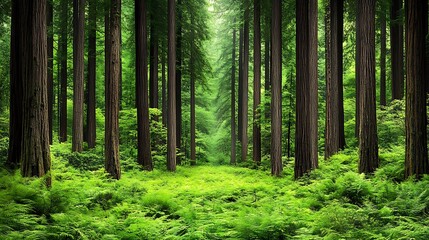 Fototapeta premium Serene Redwood Forest Path Lush Green Ferns