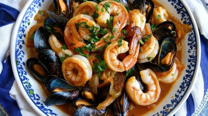 Fototapeta premium Gourmet seafood stew featuring shrimp, mussels, and calamari in a creamy garlic sauce, garnished with fresh parsley, placed on a blue and white cloth