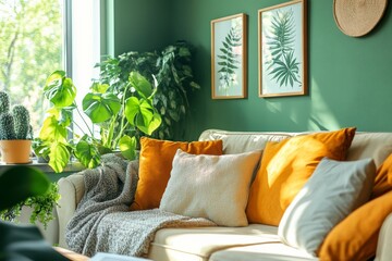 Cozy living room with green walls and abundant plants creates a warm, inviting atmosphere
