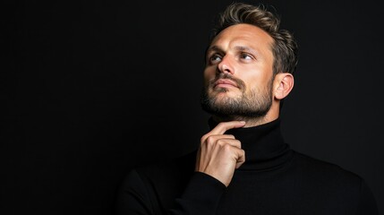 Obraz premium Man in black turtleneck reflects thoughtfully in front of dark background