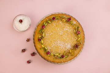 Basbousa is Egyptian Semolina Cake with Cream and Pistachio.