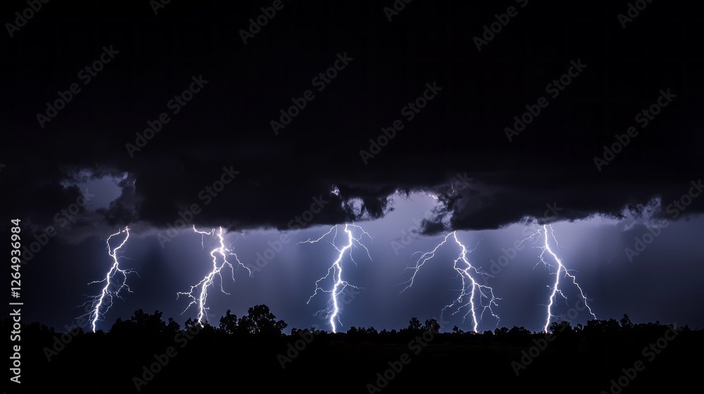 Poster five powerful lightning bolts streak from dark clouds, illuminating the night sky in an awe-inspirin