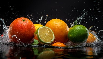 A dynamic composition featuring vibrant oranges, lemons, and limes mid-splash, with water droplets frozen in motion. The dark background enhances the bright colors, creating a fresh and energizing 