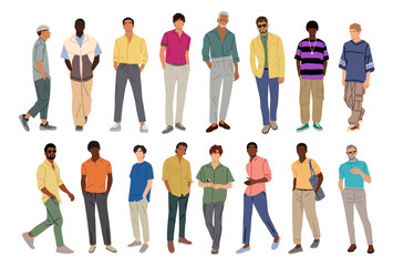 Fototapeta premium Multiracial Set of stylish men different ages wearing summer street fashion outfit. Business men in smart casual office clothes. Vector realistic illustrations isolated on transparent background.