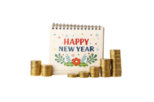 A festive desk calendar with “Happy New Year” text, decorative floral elements, and golden coin stacks symbolizing prosperity, isolated on a transparent background