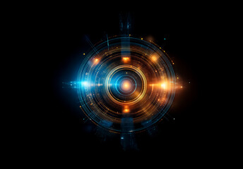 Circular abstract design on black background featuring vibrant blue and orange glowing rings, lines, and dots. Evokes futuristic, technological feel with bright light and energy.