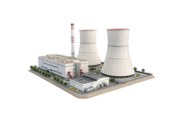 A futuristic nuclear power plant with two massive cooling towers, industrial buildings, red-striped chimneys, and a secured perimeter, isolated on a transparent background