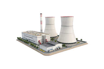 A futuristic nuclear power plant with two massive cooling towers, industrial buildings, red-striped chimneys, and a secured perimeter, isolated on a transparent background