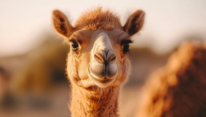 Obraz premium Close-up of a camel staring at camera with desert background, suitable for tourism