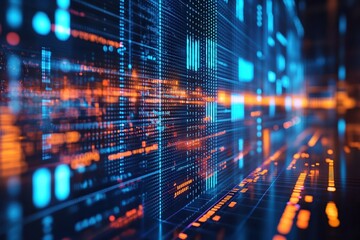  Digital data streams with glowing blue and orange lines, futuristic interface, high-tech cyber network, fast connectivity, abstract modern technology concept.