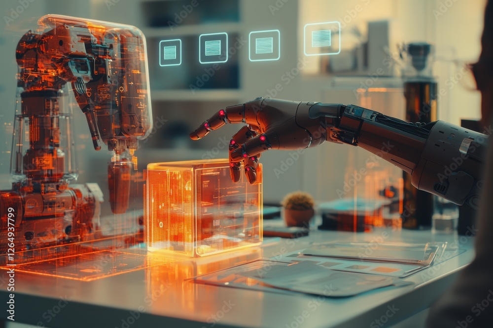 Poster robotic arm manipulates holographic data cube under transparent machine with interface in future tec
