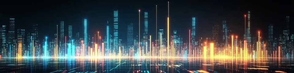 Fototapeta premium Futuristic Cityscape with Glowing Lights Data Flow and Digital Connectivity in a Modern Metropolis