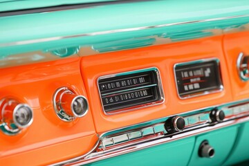 Classic car radio close-up on the dashboard. Car restoration project