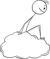 Person sitting on sky on cloud, vector cartoon stick figure or character illustration.
