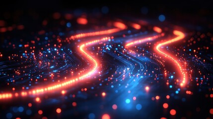 Obraz premium Abstract Digital Flow: Red and Blue Neon Trails in a Dark Cyberspace