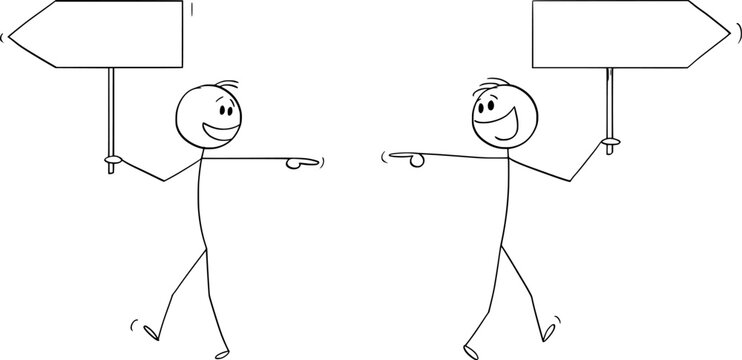 Two people walking opposite directions and laughing each other, vector cartoon stick figure or character illustration.