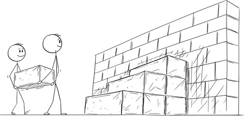 Two person building together stairs to overcome wall obstacle, vector cartoon stick figure or character illustration.