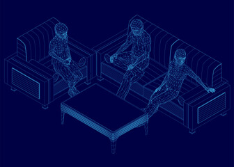 A blue image of three people sitting on a couch and a coffee table. The couch is a sectional and the coffee table is a square. The people are sitting in a relaxed manner. Isometric view