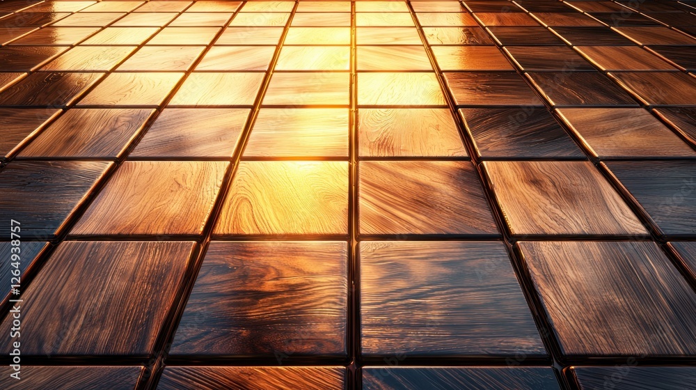 Poster reflection of warm sunset light on polished wooden floor tiles with intricate grain patterns