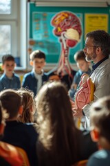 Obraz premium Doctor giving an engaging health prevention talk in a school classroom, using anatomical models and colorful charts