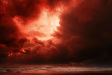Obraz premium Ominous red clouds over sea, conveying disaster, bad weather, or surreal scene