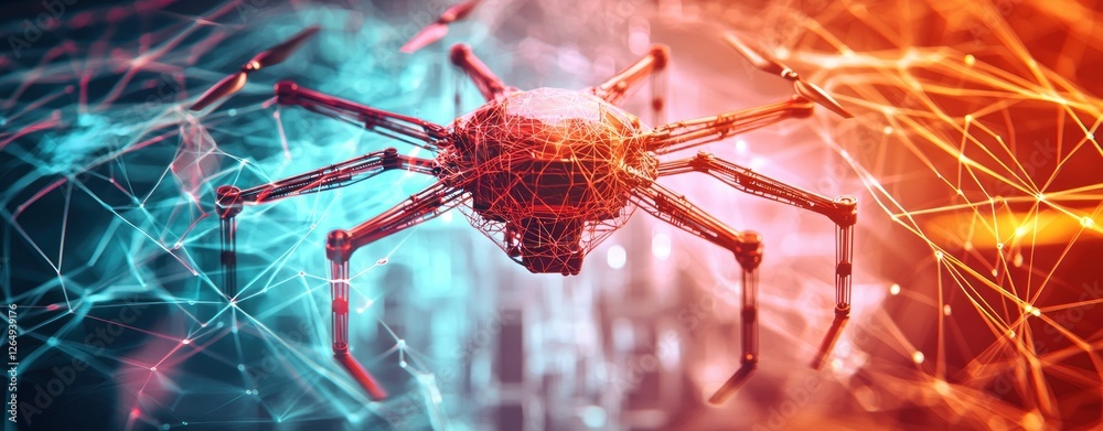 Poster futuristic spider robot surrounded by abstract technology network and digital connections in vibrant