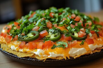  Crispy jalape&ntilde;o slices atop a cheesy loaded nacho platter with vibrant toppings like diced tomatoes, cilantro, and drizzled sour cream. Ultimate party snack.
