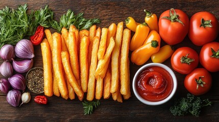 Crispy fries, ketchup, veggies, wood, food photography
