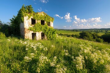 Abandoned house on a hill covered with plants and flowers on a sunny day