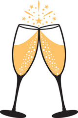 Gold and black Champagne toast. Vector hand drawn illustration icon for celebration.