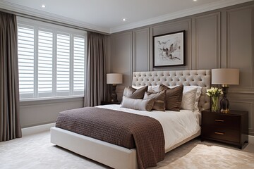 Elegant bedroom design features modern decor with muted tones and soft lighting in a stylish home setting
