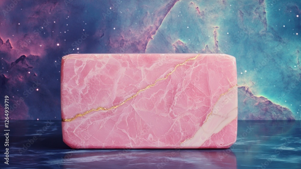 Poster Serene Pink Marble Block Against a Cosmic Background with Celestial Elements and Soft Color Palette