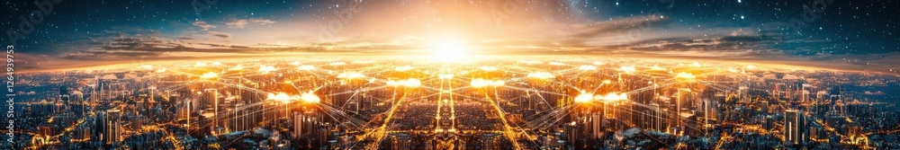 Poster bright sunrise over a modern cityscape with glowing lights and connected digital network lines in pa