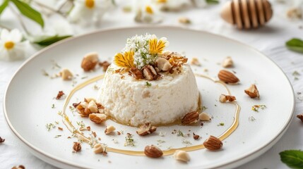 Minimalist Easter table with a simple cottage cheese dessert, garnished with honey, nuts, and flowers, placed on a white plate