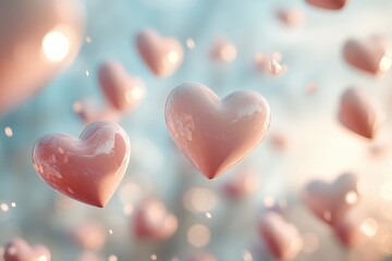Obraz premium Soft pink glossy heart balloons floating through dreamy sky, gentle light, romantic atmosphere, sweet, airy, love-themed, joyful and delicate feeling
