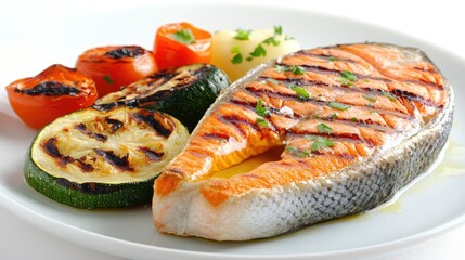 Minimalist food styling featuring grilled salmon steak with Mediterranean-style grilled vegetables, lightly drizzled with olive oil on a clean white plate