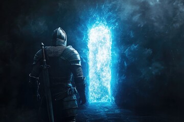 Fototapeta premium A knight standing before a portal to another realm, hesitating before stepping through