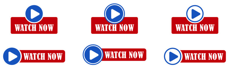 Watch now play buttons for web and website. Modern ui play buttons for video content and web pages. Watch now sign icons for multimedia and entertainment. Play buttons. Vector illustration